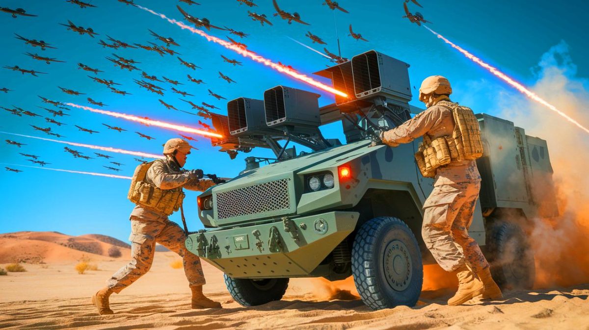 Illustration of the US Marines deploying the ExDECS system to neutralize drone swarms (AI-generated, non-realistic illustration). Credit: Ideogram.