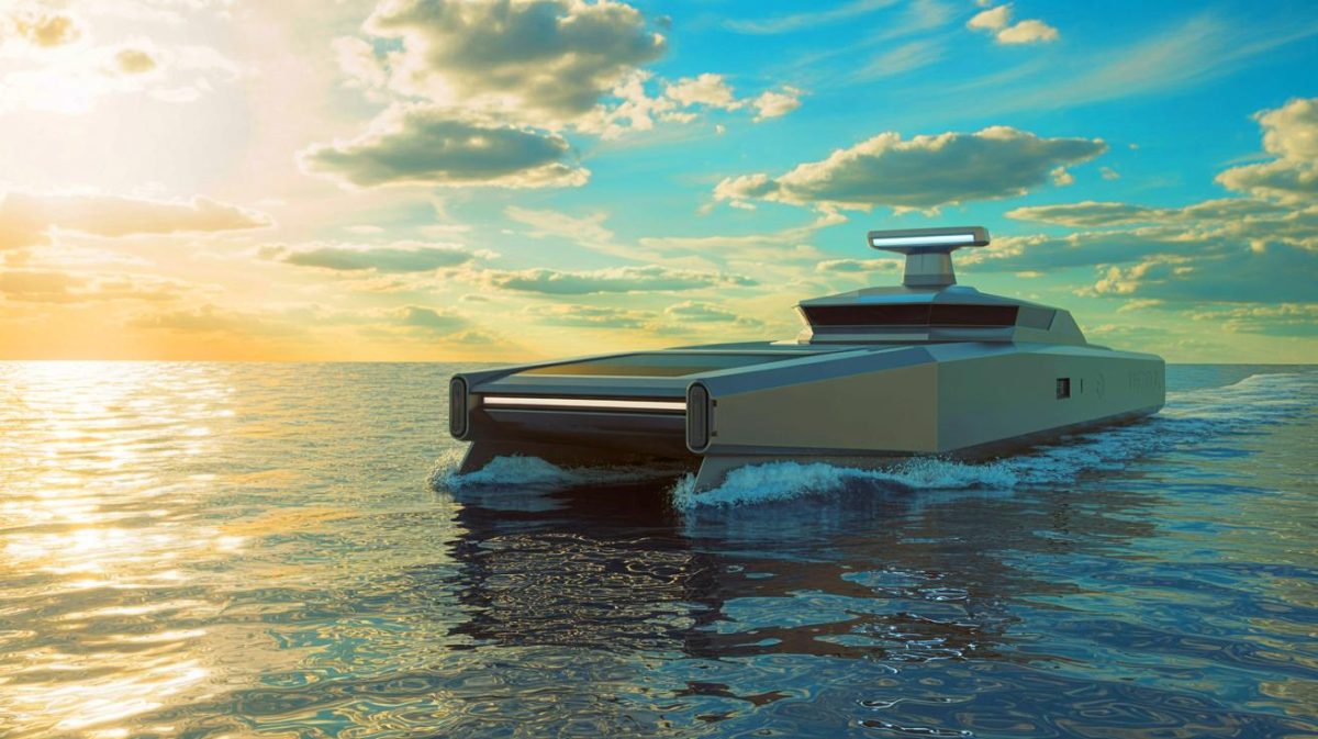 Illustration of a 100-foot autonomous naval vessel developed by Blue Water Autonomy. Image generated by AI.