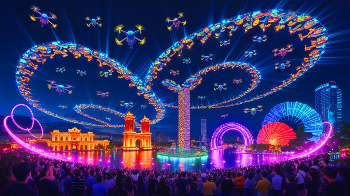 Illustration of Vietnam's record-breaking drone light show celebrating Southern Liberation. Image generated by AI.