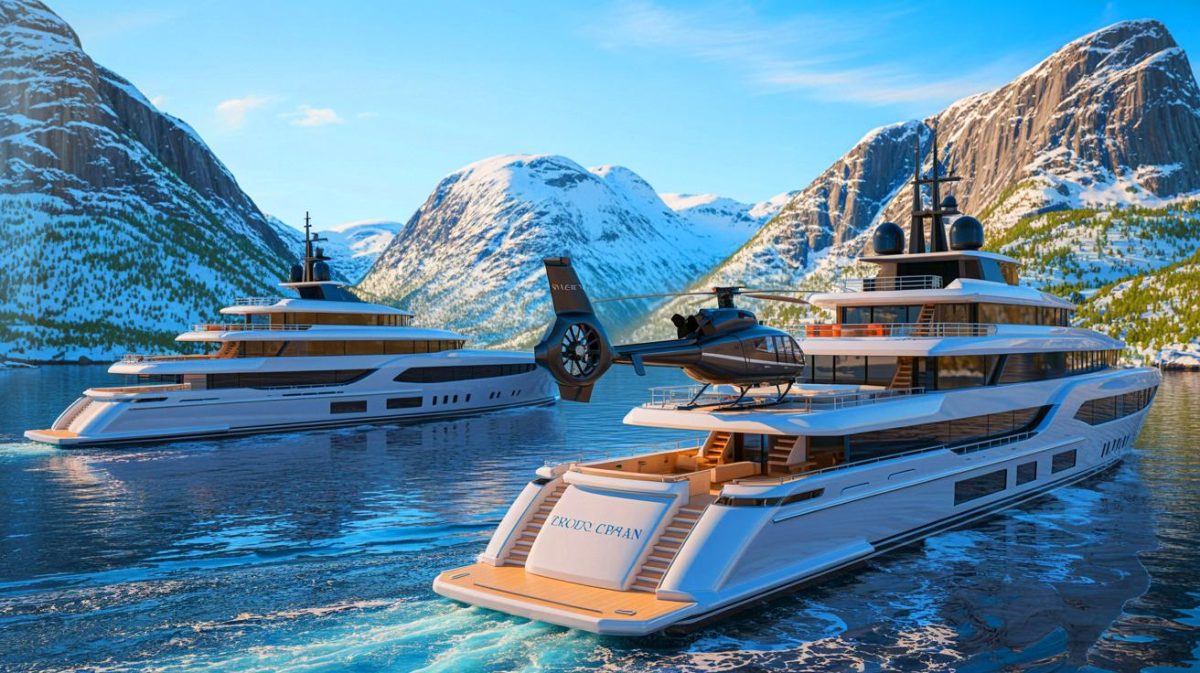Illustration of Mark Zuckerberg's luxury superyachts journey to Norway's fjords for a heliskiing adventure (AI-generated, unrealistic). Credit: Ideogram.