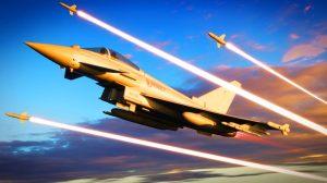 Illustration of a Eurofighter Typhoon enhanced with Rattlesnaq AI technology dodging missile threats. Image generated by AI.