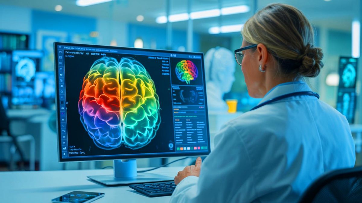 Illustration of StateViewer AI tool diagnosing nine types of dementia using brain scans. Image generated by AI.