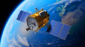 Illustration of Amazon's Kuiper satellites deploying in space. Image generated by AI.