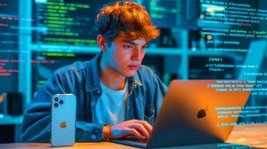 Illustration of Nicholas Allegra, also known as "Comex," creating a groundbreaking jailbreak for the iPhone 4. Image generated by AI.