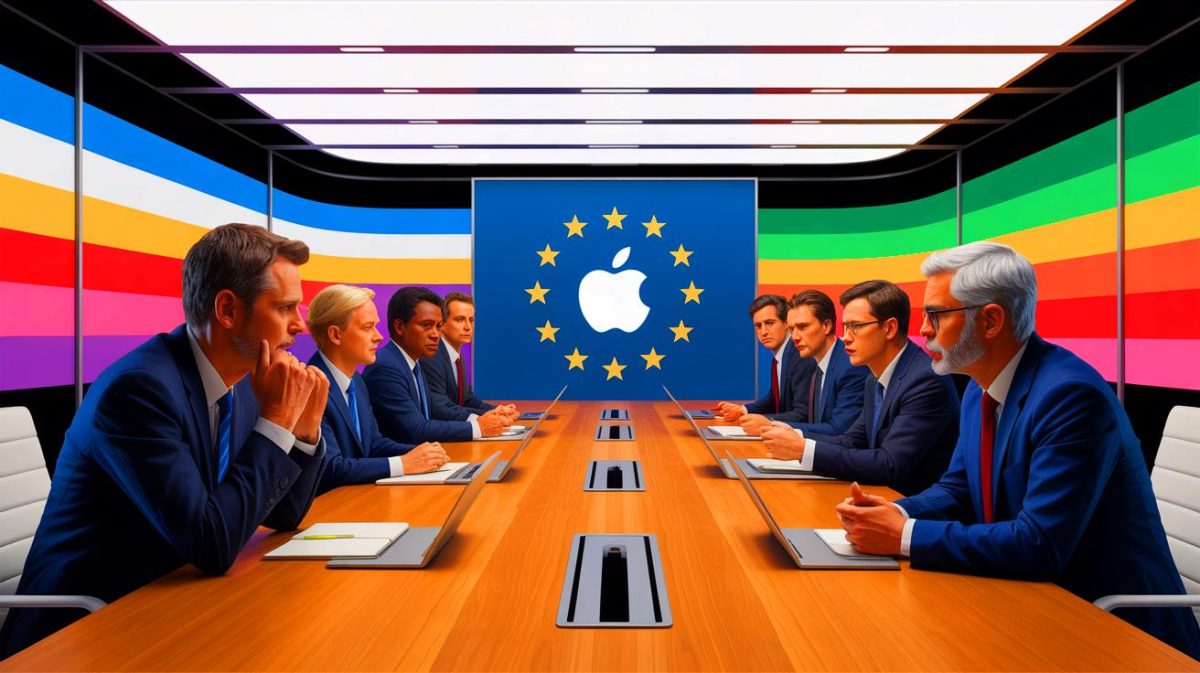 Illustration of Apple's challenges with European Union regulations. Image generated by AI.