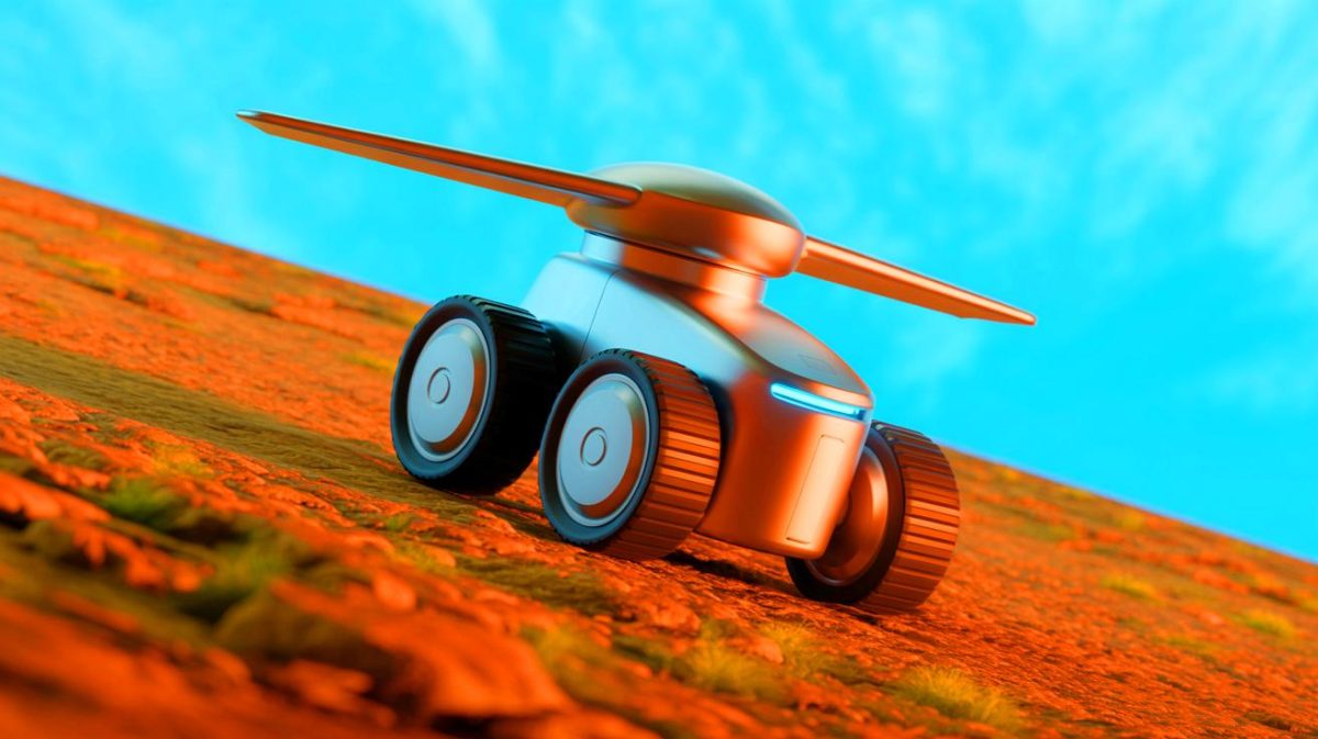 Illustration of the dual-mode robot ATOM showcasing its ability to both fly and roll. Image generated by AI.