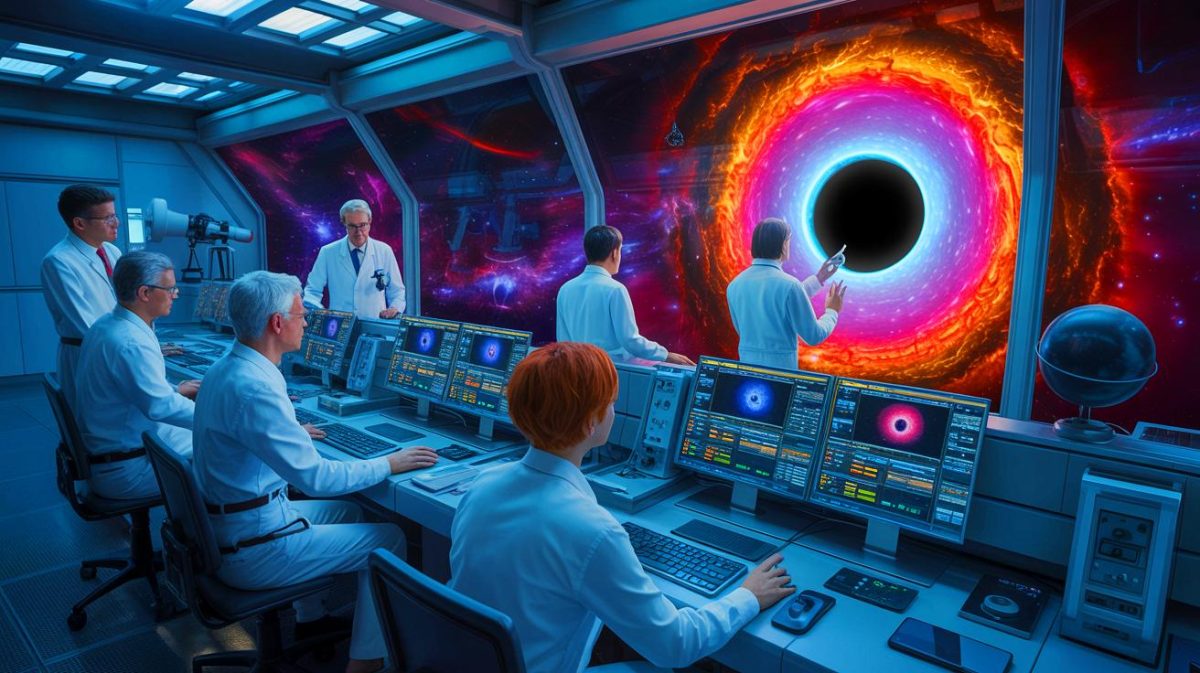 Illustration of astronomers using artificial intelligence to study supermassive black holes. Image generated by AI.