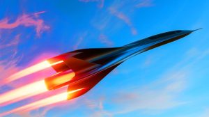 Illustration of a hypersonic vehicle in flight withstanding extreme temperatures. Image generated by AI.