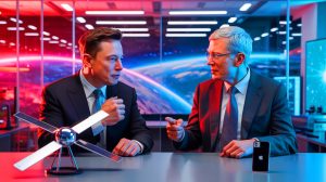 Illustration of Elon Musk proposing a $5 billion Starlink integration deal to Tim Cook at Apple. Image generated by AI.