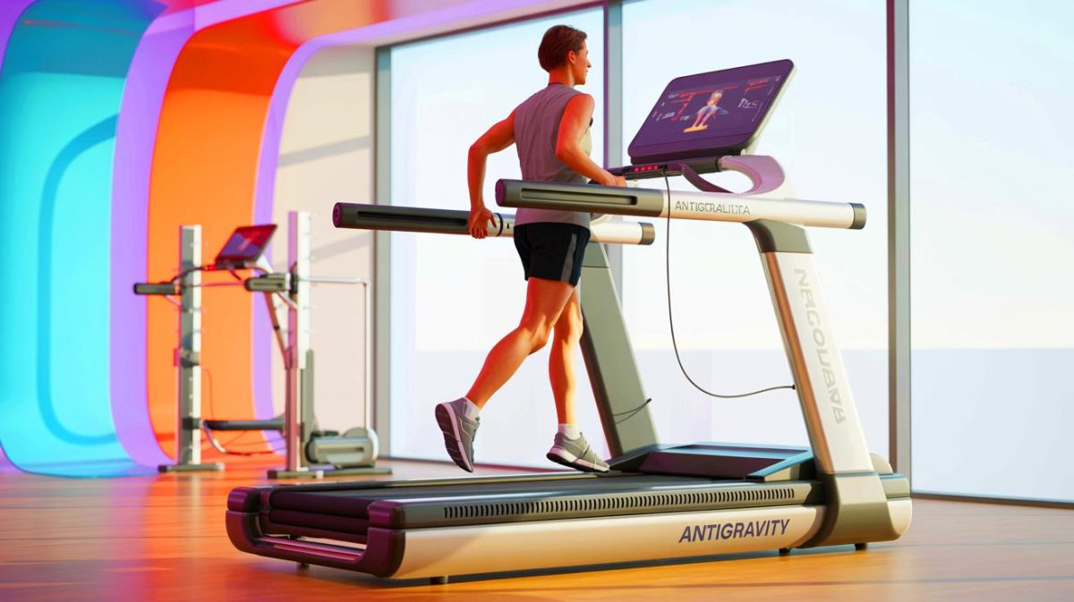Illustration of antigravity treadmill technology revolutionizing rehabilitation and fitness. Image generated by AI.
