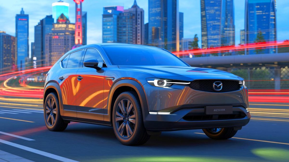Illustration of the Mazda EZ-60 electric SUV debuting at the Shanghai Motor Show. Image generated by AI.