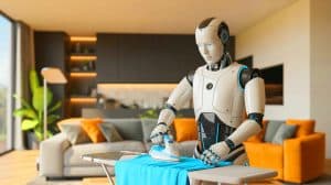 Illustration of a humanoid robot performing household tasks. Image generated by AI.