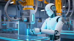Illustration of the AEON humanoid robot in an industrial setting. Image generated by AI.