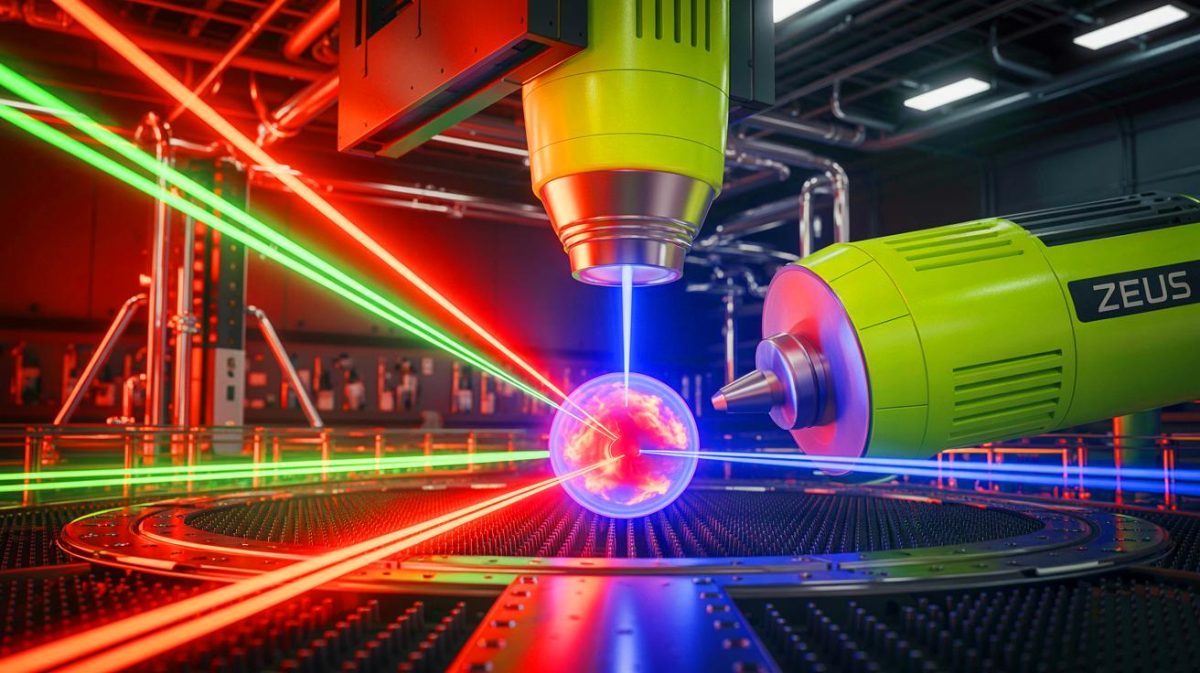 Illustration of the ZEUS laser system showcasing its immense power and potential applications. Image generated by AI.