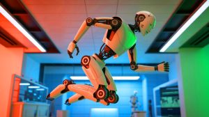 Illustration of a robot designed to jump higher using generative AI technology. Image generated by AI.