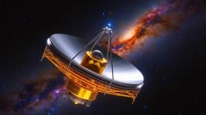 Illustration of NASA's SPHEREx telescope mapping the universe. Image generated by AI.