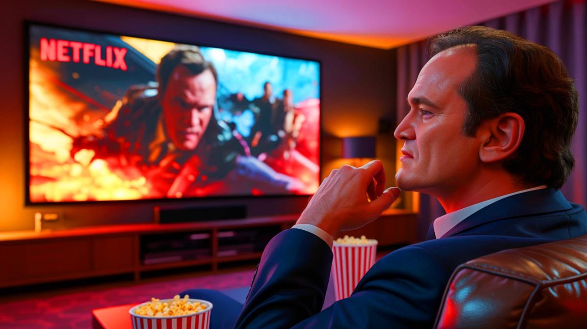 Illustration of Quentin Tarantino endorsing the Netflix film Havoc. Image generated by AI.