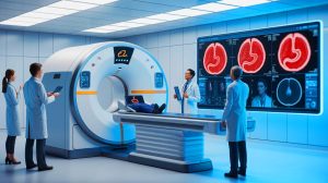 Illustration of Alibaba's Grape AI detecting stomach cancer using CT scans. Image generated by AI.
