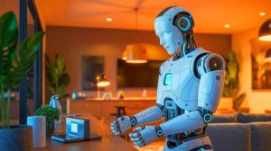 Illustration of 1X Technologies' humanoid robot NEO performing household tasks autonomously. Image generated by AI.