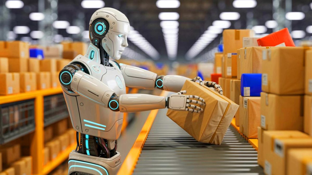 Illustration of the Figure 02 robot demonstrating advanced package sorting skills. Image generated by AI.