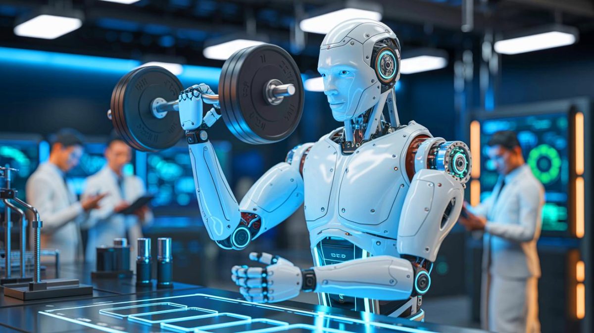 Illustration of the ARMstrong Dex humanoid robot lifting weights as part of its disaster response capabilities. Image generated by AI.