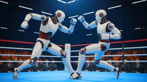 Illustration of humanoid robots engaged in a kickboxing match in Hangzhou, China. Image generated by AI.