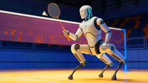 Illustration of the ANYmal-D robot playing badminton with human-like agility and precision. Image generated by AI.