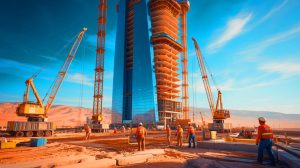 Illustration of the Jeddah Economic Company Tower under construction, set to become the world's tallest skyscraper. Image generated by AI.