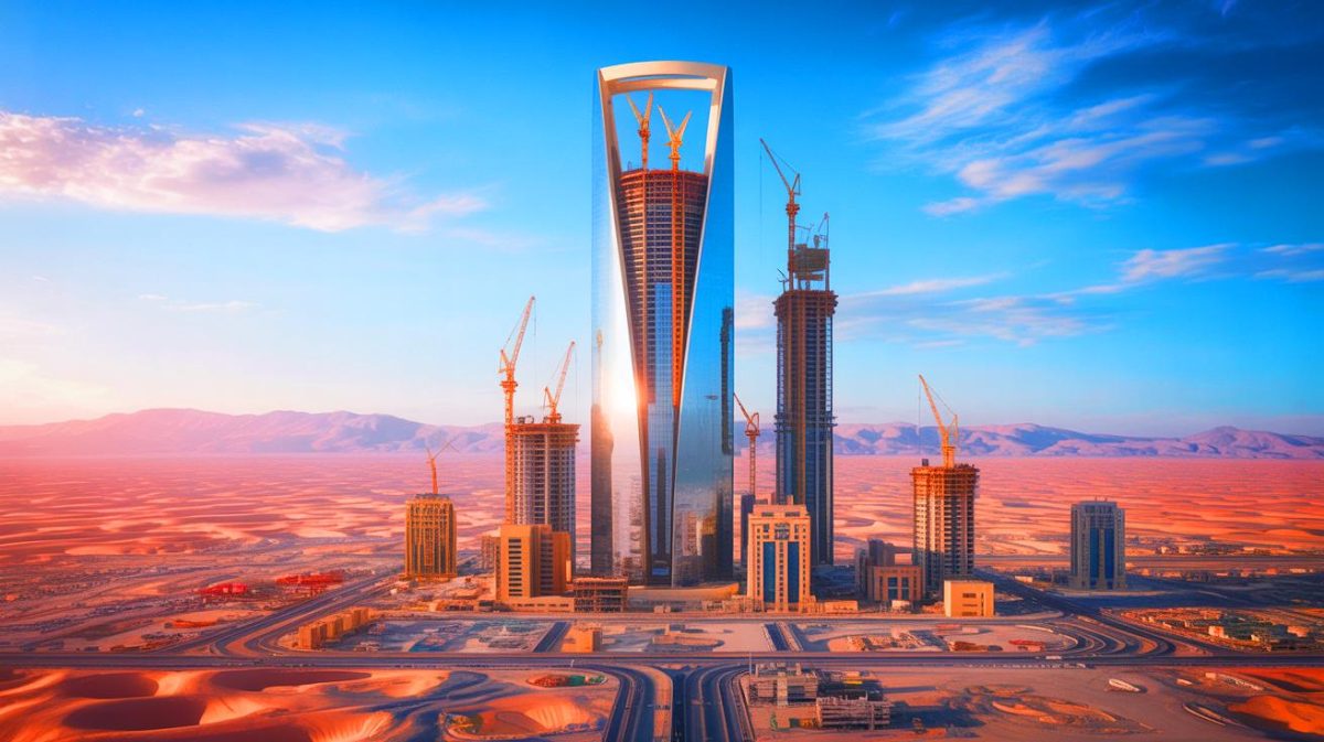 Illustration of the Jeddah Economic Company Tower rising in the Saudi Arabian desert as the future world's tallest skyscraper. Image generated by AI.
