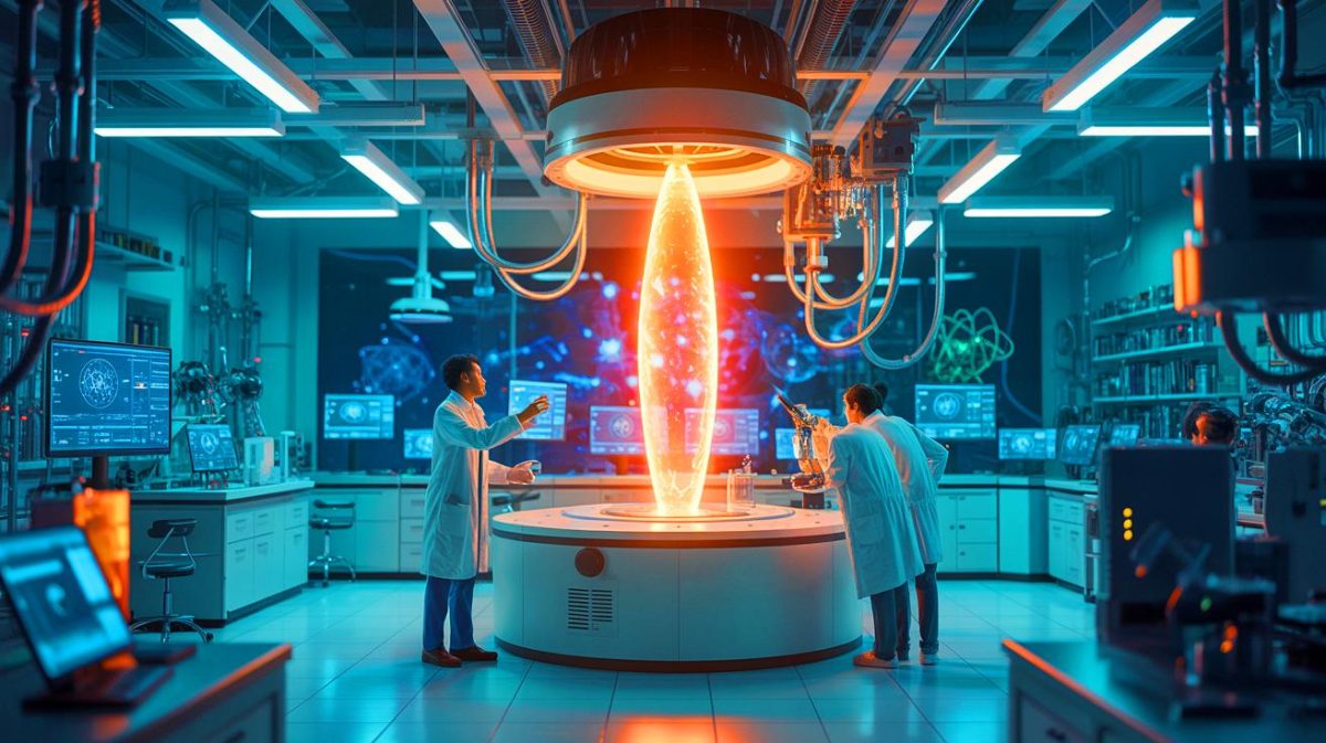 Illustration of scientists creating light from empty space by manipulating time and space. Image generated by AI.