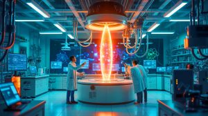 Illustration of scientists creating light from empty space by manipulating time and space. Image generated by AI.