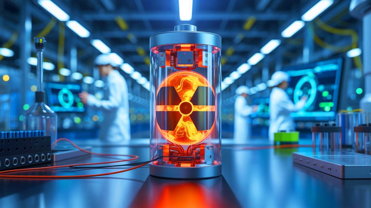 Illustration of a revolutionary rechargeable battery using depleted uranium to transform nuclear waste into energy. Image generated by AI.