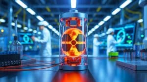 Illustration of a revolutionary rechargeable battery using depleted uranium to transform nuclear waste into energy. Image generated by AI.