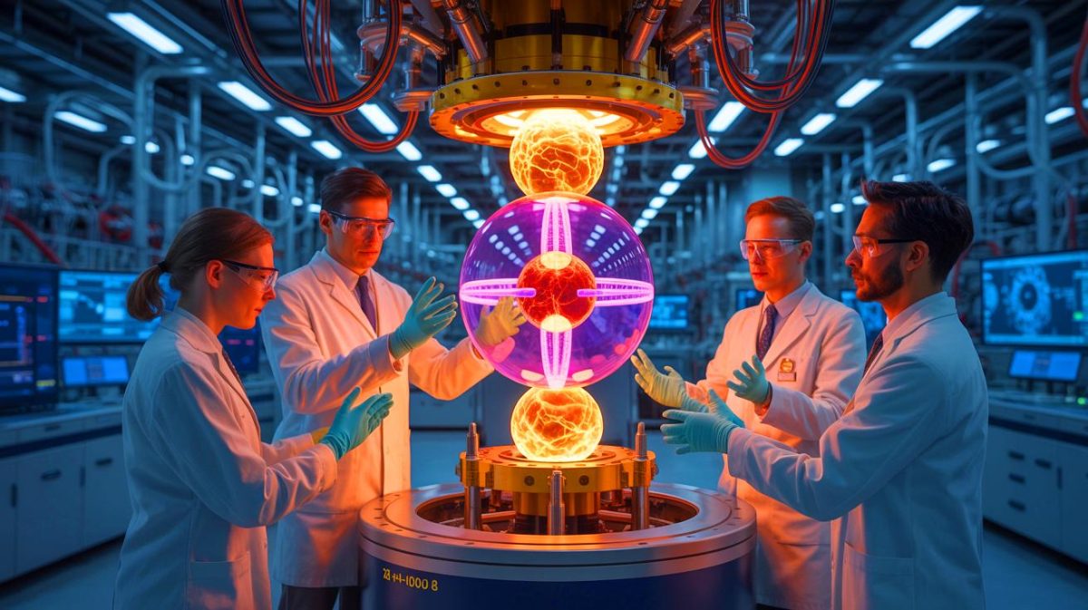 Illustration of scientists replicating a 1938 triton-deuterium fusion experiment. Image generated by AI.