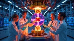 Illustration of scientists replicating a 1938 triton-deuterium fusion experiment. Image generated by AI.