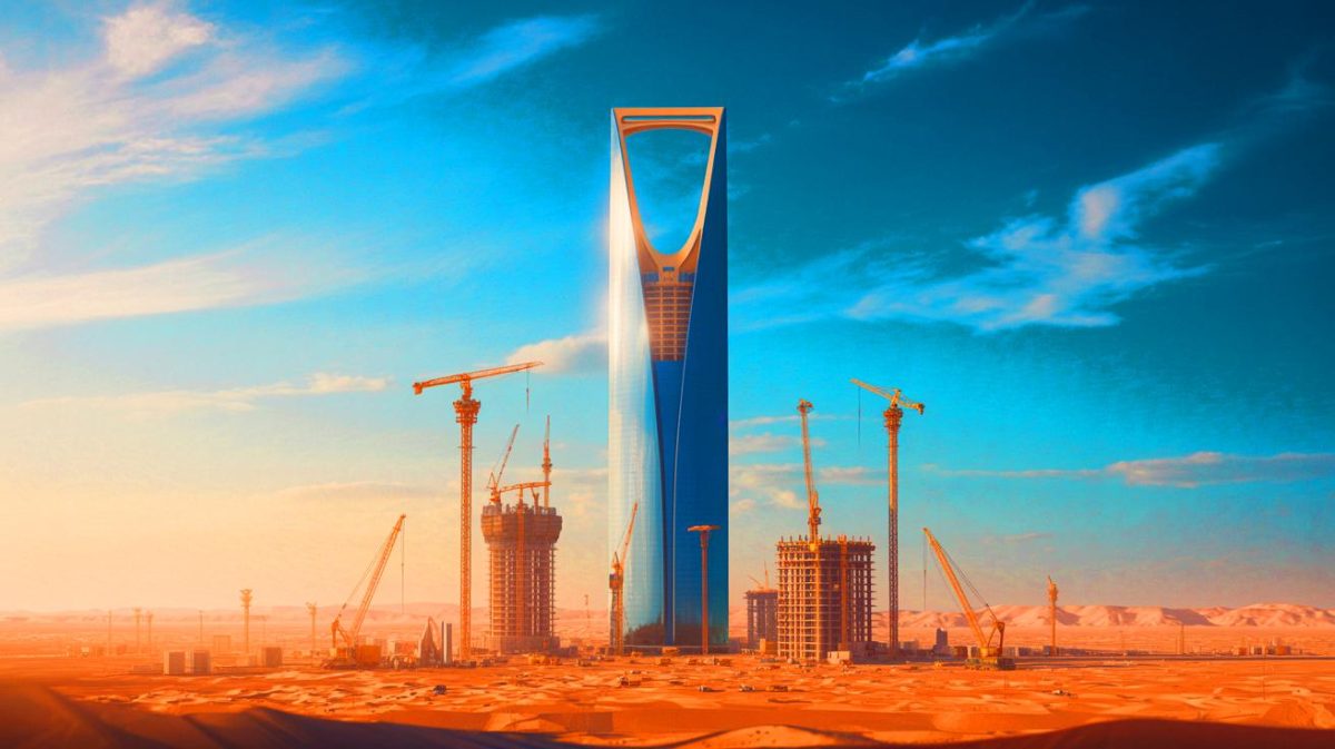 Illustration of the Jeddah Economic Company Tower under construction in the Saudi Arabian desert. Image generated by AI.
