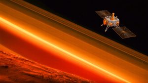 Illustration of Mars' atmospheric transformation due to solar winds. Image generated by AI.