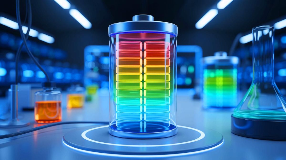 Illustration of a futuristic sodium-ion battery with a smart gel polymer electrolyte. Image generated by AI.