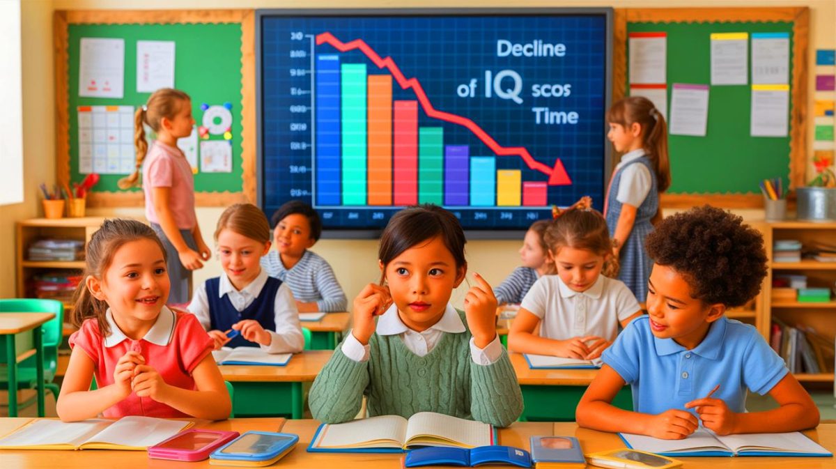 Illustration of the decline in average IQ scores across generations and the influencing factors. Image generated by AI.
