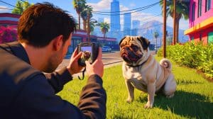 Illustration of a player photographing a pug in Los Santos for the GTA Online animal photography challenge. Image generated by AI.
