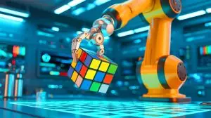 Illustration of a robot solving a Rubik’s Cube in record-breaking time. Image generated by AI.