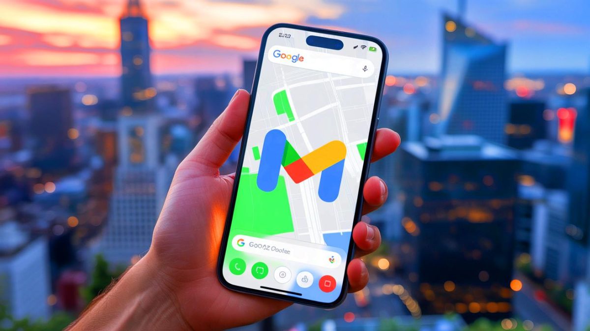 Illustration of the new Google Maps logo design on a smartphone screen. Image generated by AI.