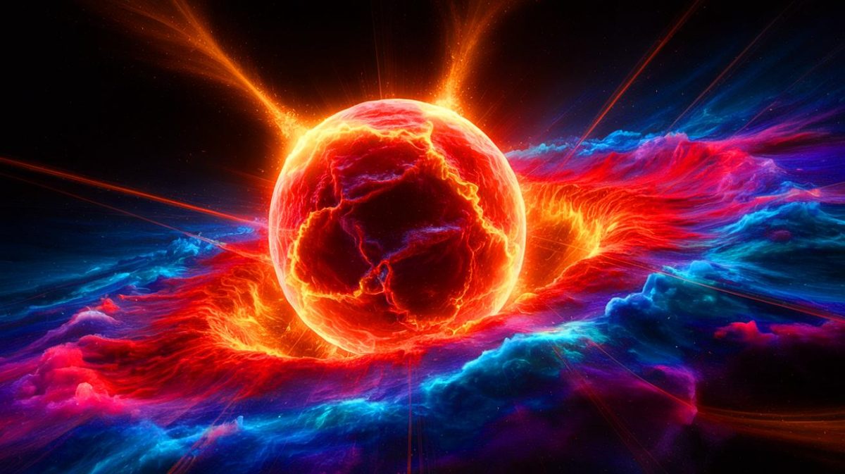 Illustration of quark-gluon plasma in the early universe. Image generated by AI.