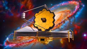 Illustration of the James Webb Space Telescope observing disk galaxies to uncover their origins. Image generated by AI.