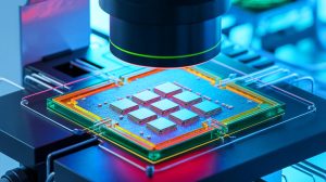 Illustration of the integration of gallium nitride transistors onto silicon chips. Image generated by AI.