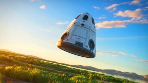 Illustration of the SpaceX Dragon capsule returning to Earth with futuristic gear. Image generated by AI.