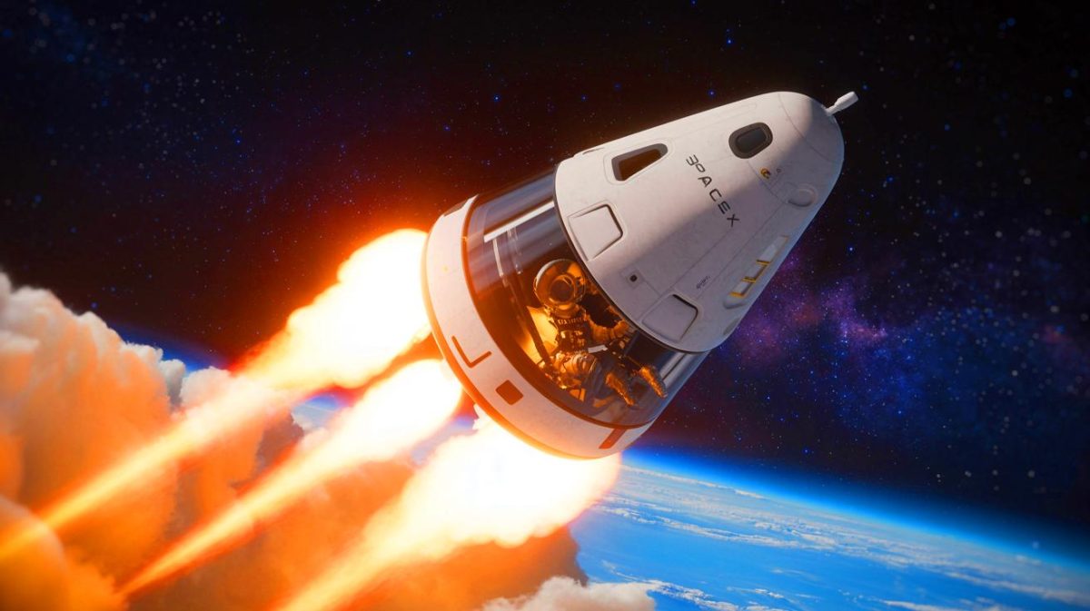 Illustration of SpaceX Dragon capsule returning to Earth with futuristic gear. Image generated by AI.