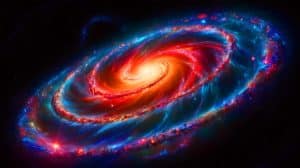 Illustration of galaxies rotating in a universe potentially trapped inside a black hole. Image generated by AI.
