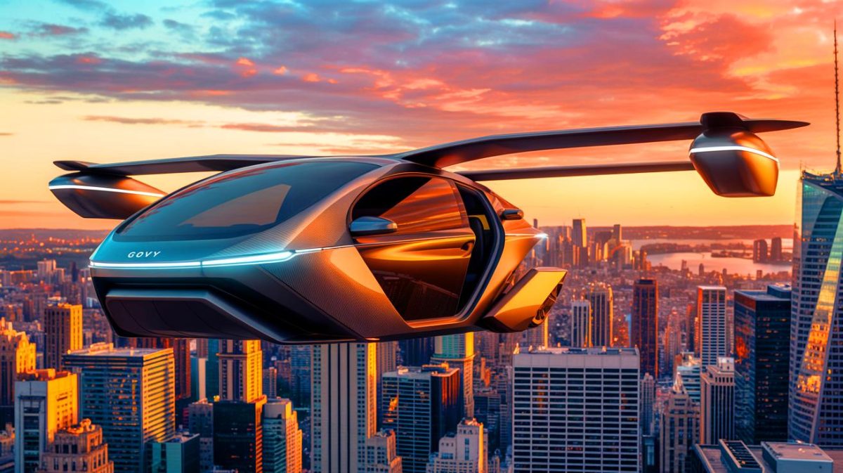 Illustration of the Govy AirCab, a revolutionary flying car by GAC Group, designed for urban travel. Image generated by AI.