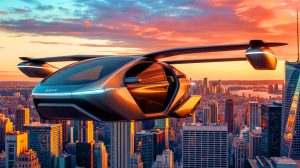 Illustration of the Govy AirCab, a revolutionary flying car by GAC Group, designed for urban travel. Image generated by AI.